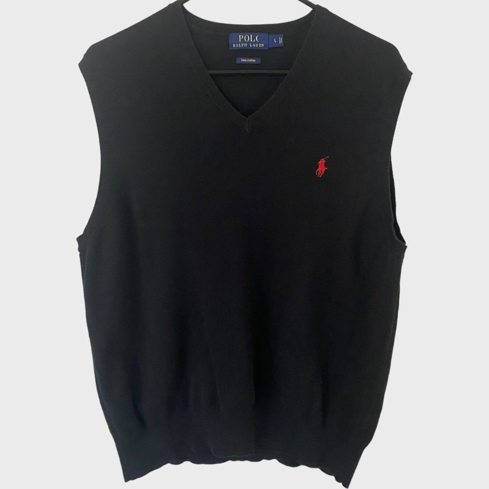 Polo Ralph Lauren V-Neck Sweater Vest Mens Large Black 100% Pima Cotton Pullover